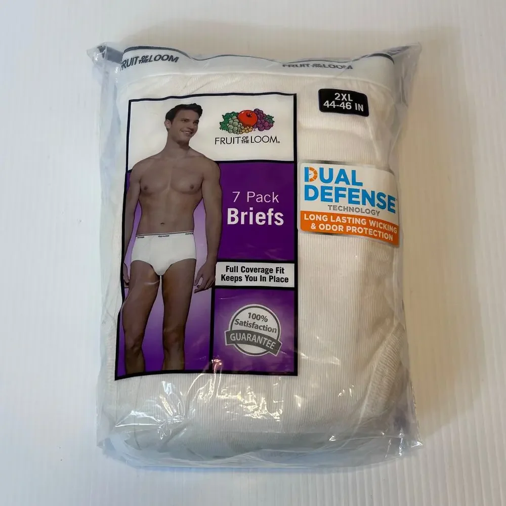 2XL Men's Briefs Fruit of the Loom 7 Pack 100% Cotton Size 44-46 White NIP